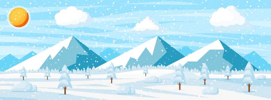 Winter Christmas Background. Pine Tree Wood and Snow. Winter Landscape with Fir Trees Forest, Mountain and Snowing. Happy New Year Celebration. New Year Xmas Holiday. Vector Illustration Flat Style