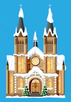 Church Covered Snow. Chapel Building in Holiday Ornament. Christmas Tree Spruce, Wreath. Happy New Year Decoration. Merry Christmas Holiday. New Year and Xmas Celebration. Flat Vector Illustration