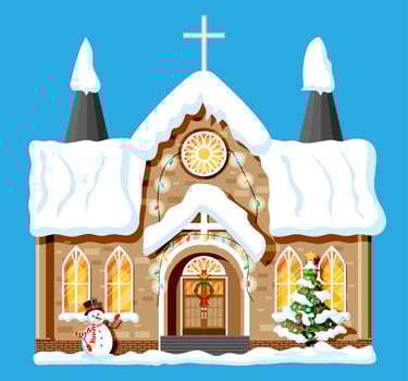 Church Covered Snow. Chapel Building in Holiday Ornament. Christmas Tree Spruce, Wreath. Happy New Year Decoration. Merry Christmas Holiday. New Year and Xmas Celebration. Flat Vector Illustration