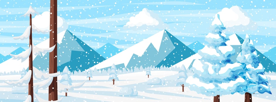 Winter Christmas Background. Pine Tree Wood and Snow. Winter Landscape with Fir Trees Forest, Mountain and Snowing. Happy New Year Celebration. New Year Xmas Holiday. Vector Illustration Flat Style