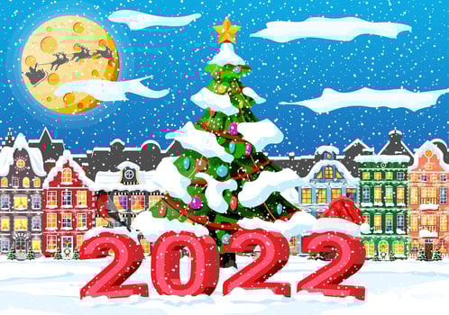 Christmas Card with Urban Landscape and Snowfall. Cityscape with Colorful Houses with Snow in Night. Winter Village, Cozy Town City Panorama. New Year Christmas Xmas Banner. Flat Vector Illustration