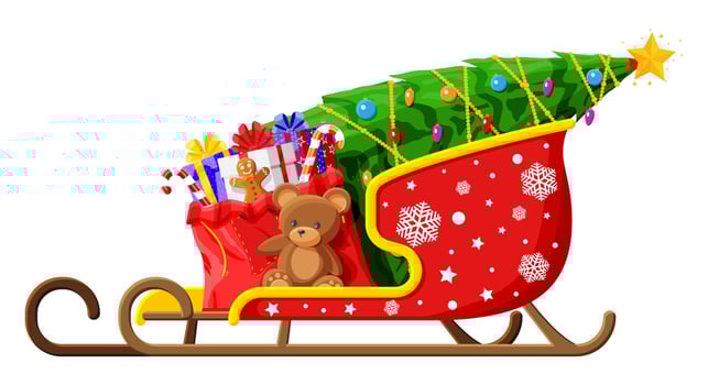 Christmas Santa Claus sleigh with gifts boxes, toys and tree. Holiday presents in sledge. Happy new year decoration. Merry christmas holiday. New year and xmas celebration. Flat vector illustration