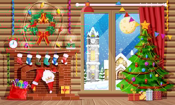 Cozy interior of room with window and fireplace. Happy new year decoration. Merry christmas holiday. New year and xmas celebration. Winter landscape, tree, snow, town. Cartoon flat vector illustration