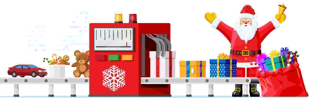 Christmas Factory Packs Gifts Boxes, Santa. Festive Presents Conveyor. Presents Delivery and Shipping. Happy New Year Decoration. Merry Christmas Holiday. New Year and Xmas. Flat Vector Illustration