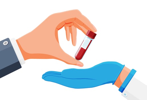 Test Tube with Blood Sample in Hand of Doctor Isolated. General Blood Analysis. Laboratory Container with Red Liquid. Medical Plastic Bag. Research, Medical Analysis. Cartoon Flat Vector Illustration
