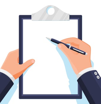 Clipboard with Empty Paper Sheet and Pen in Hand Isolated on White. Blue Clip Board with White Paper and Pen Put Alongside. Office Stationery or Paperwork Concept. Cartoon Flat Vector Illustration