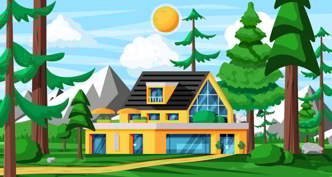 Country House in Forest Landscape. Cottage Among Trees with Mountains. Panoramic Countryside of Green Field with Modern Building. Summer Nature Landscape. Cartoon Flat Vector Illustration
