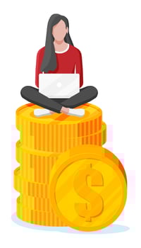 Woman Sit and Chilling on Golden Coins Stack and Use Laptop. Girl is Resting in Pile of Coins. Freelancer Relaxing After Work. Hipster Character in Jeans and T-shirt. Flat Vector Illustration