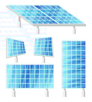 Set Solar Panels for Alternative Energy Generation. Sun Power Conservation. Blue Energy Resource Isolated on White. Electric System Cell. Alternative Renewable Energy Source. Flat Vector Illustration