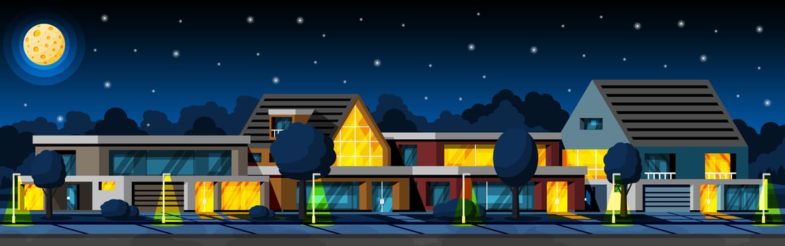 Landscape with Village or Town in Night. Countryside Building Exterior. Facade with Trees and Garden at Front Yard. Modern Suburban House. Real Estate Concept. Cartoon Flat Vector Illustration
