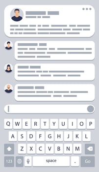 Mobile Messaging App Page with Keyboard. Instant Messaging Screen. Flat User Interface Application. Messaging SMS App for Smartphone, Social Media Network. Vector Illustration