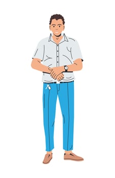 Happy Man in Casual Clothes Isolated. Young Office Worker with Curly Hair. Confident Clerk Standing in Formal Clothes. Male Character in Shirt and Pants. Cartoon Flat Vector Illustration