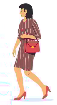 Brunette Woman in Long Dress Isolated on White. Modern Women with Bag is Walking. Adult Female Character, Bussinesswoman in Casual Dress. Walking Girl. Cartoon Flat Vector Illustration