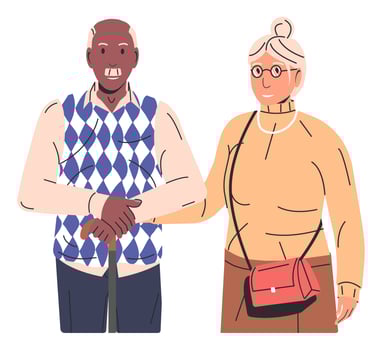 Cute Eldery Couple Isolated. Happy Grandparents in Love. Grand Parents Characters. Eldery Couple Holding Hands. Fashion Seniors People, Man and Woman. Cartoon Flat Vector Illustration