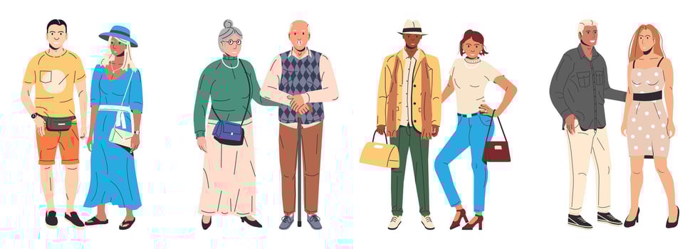 Set of Beautiful Woman and Man Isolated. Fashion Girl in Modern Outfit. Trendy Man in Casual Clothes. Fashionable Lifestyle. Stylish Diverse Couple Icon. Flat Vector Illustration