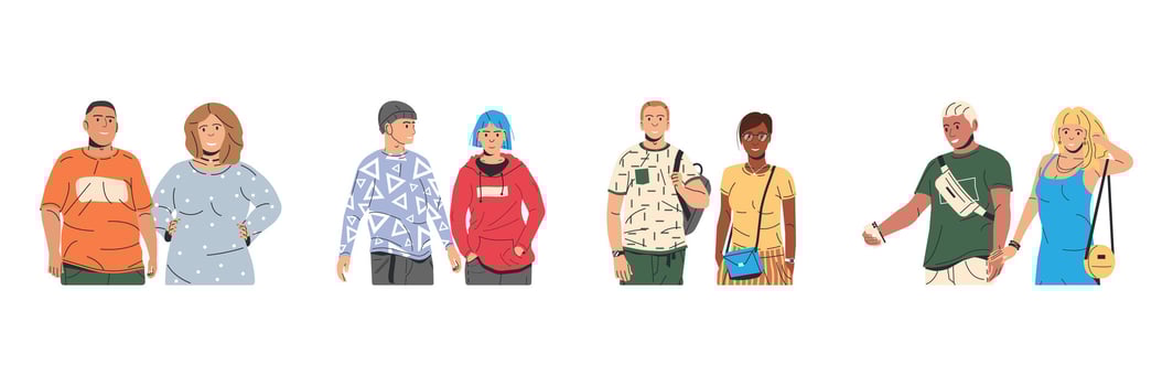 Set of Beautiful Woman and Man Isolated. Fashion Girl in Modern Outfit. Trendy Man in Casual Clothes. Fashionable Lifestyle. Stylish Diverse Couple Icon. Flat Vector Illustration