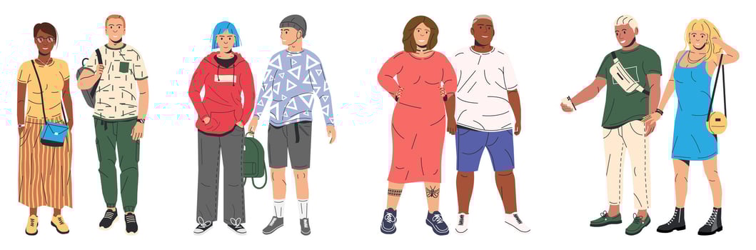 Set of Beautiful Woman and Man Isolated. Fashion Girl in Modern Outfit. Trendy Man in Casual Clothes. Fashionable Lifestyle. Stylish Diverse Couple Icon. Flat Vector Illustration