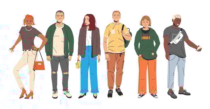 Group of Fashion People Characters. Young Man and Woman in Trendy Outfit Standing Together. Guys and Girls with Different Hairstyles and Ethnicities in Stylish Casual Clothes. Flat Vector Illustration