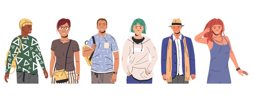 Group of Fashion People Characters. Young Man and Woman in Trendy Outfit Standing Together. Guys and Girls with Different Hairstyles and Ethnicities in Stylish Casual Clothes. Flat Vector Illustration