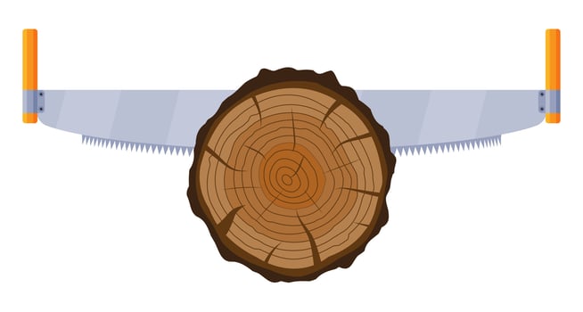 Saw Sawing Tree Trunk. Carpenter Sawing Wood. Wood Cut, Cross Section of Tree or Stump. Carpentry Work. Wooden Log and Hand Saw. Cartoon Flat Vector Illustration