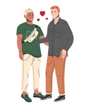 Multiethnic Gay Man Couple Isolated. Young Homosexual Couple Hugging Holding Hands. Two LGBT Male People Embrace and Looking Each Other. LGBT Pride, Gender Identity. Cartoon Flat Vector Illustration