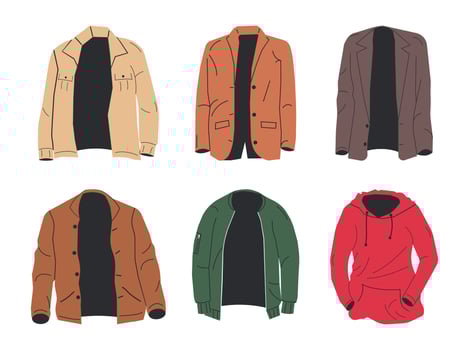 Fashion Coat Unisex Jacket Set Isolated. Top Mans Streetwear. Tweed Short Jacket with Buttons and Pocket, Bomber with Zipper Hoodie. Casual Trendy Woman Suit Clothing. Cartoon Flat Vector Illustration