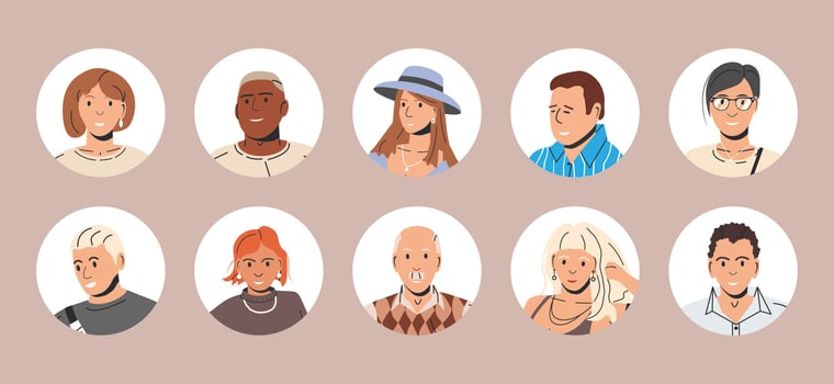 Different People Avatars. Set of Circle User Portraits. Male and Female Characters. Man and Woman in Trendy Outfit. Guys and Girls with Different Hairstyles and Ethnicities. Flat Vector Illustration