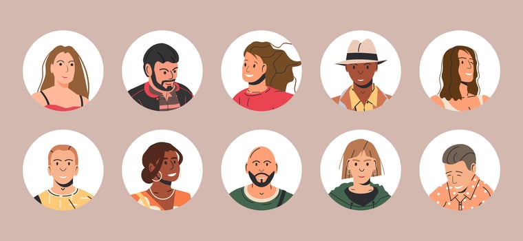 Different People Avatars. Set of Circle User Portraits. Male and Female Characters. Man and Woman in Trendy Outfit. Guys and Girls with Different Hairstyles and Ethnicities. Flat Vector Illustration