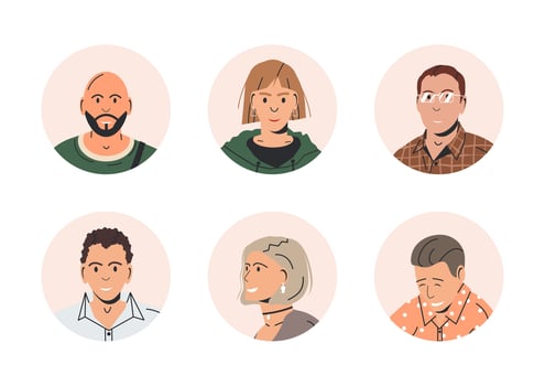 Different People Avatars. Set of Circle User Portraits. Male and Female Characters. Man and Woman in Trendy Outfit. Guys and Girls with Different Hairstyles and Ethnicities. Flat Vector Illustration