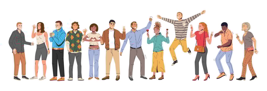 Set of Happiness Emotions Symbols. Various People Showing Positive Body Language Gestures. Woman and Man Show Victory, Heart, Love and Thumb Up Symbols. Happy People. Cartoon Flat Vector Illustration