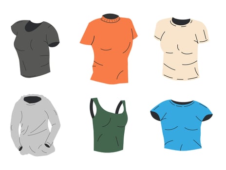 Different Women Top Clothes Isolated. Trendy Female Casual Clothing Set. T-Shirt, Shirt and Vest. Different Women Clothes Collection. Cartoon Flat Vector Illustration