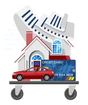 Shopping Cart with Goods, Cost of Living, Expenses. Debt, Credit. Metal Trolley on Wheels with House Building, Car, Bank Card and Receipt Check. Vector Illustration in Flat Style