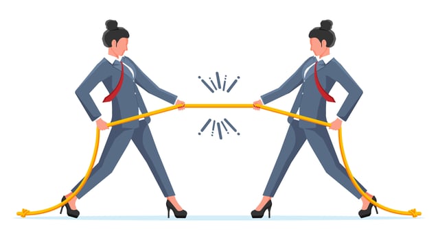 Two Businesswomen Pull of Rope. Women Tug of War and Look at Each Other. Business Target, Rivalry, Competition, Conflict. Achievement, Goal Success. Flat Vector Illustration