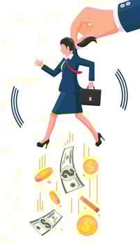 Big Hand Using Businesswoman for Control. Business Woman Marionette is Hanging on Suit. Hand of Puppeteer Holding Woman. Puppet Doll Worker, Abuse of Power, Manipulation. Flat Vector Illustration
