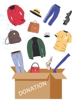 Cardboard Box full of Clothes, Footwear and Accessories. Clothes Donation Concept. Used Clothing in Paper Box. Charity and Donate of Clothing for Poor People. Cartoon Flat Vector Illustration
