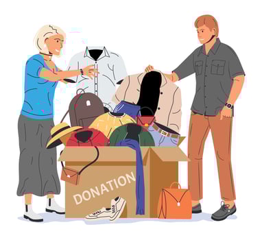 Cardboard Box full of Clothes, Footwear and Accessories. Clothes Donation Concept. Used Clothing in Paper Box. Charity and Donate of Clothing for Poor People. Cartoon Flat Vector Illustration