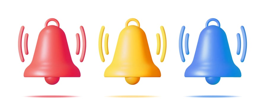 3D Notification Bell Icon Isolated. Golden Render Ringing Bell. Gold School Bell. Retro Christmas Ring Handbell. Alert and Alarm Symbol. Social Media Network Notification Reminder. Vector Illustration