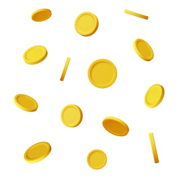 3D Falling Gold Coins Isolated. Money Rain. Render Empty Golden Coins. Growth, Income, Savings, Investment. Symbol of Wealth. Business Success. Vector illustration.