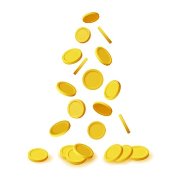 3D Falling Gold Coins Isolated. Money Rain. Render Empty Golden Coins. Growth, Income, Savings, Investment. Symbol of Wealth. Business Success. Vector illustration.