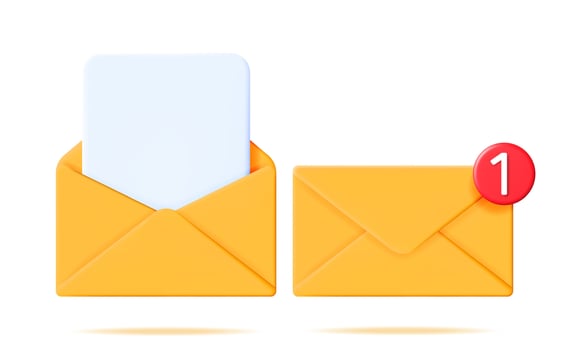3D Mail Envelope with Document and Notification New Message Isolated. Paper Letter Icon with Notification Red Bubble. New or Unread Email. Message, Contact, Letter and Document. Vector Illustration