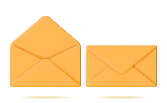 3D Yellow Open and Closed Mail Envelope Isolated on White. Render Paper Envelope Icon. Concept of New or Unread Email Notification. Message, Contact, Letter and Document. Vector Illustration