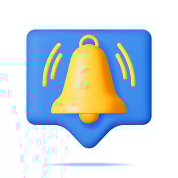 3D Notification Bubble with Bell Icon. Golden Render Ringing Bell. Gold School Bell and Chat Cloud Mockup. Alert and Alarm Symbol. Social Media Network Notification Reminder. Vector Illustration