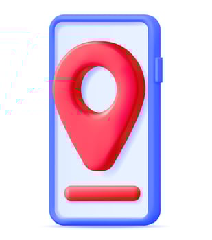 3D Location Map Pin in Smartphone Isolated on White. Blue GPS Pointer Marker Icon. GPS and Navigation Symbol and Phone. Element for Map, Social Media, Mobile Apps. Realistic Vector Illustration