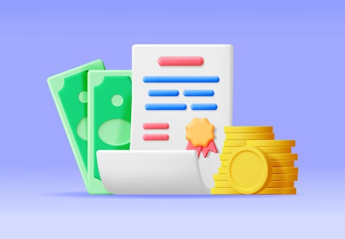 3D Certificate with Stamp and Money Isolated. Render White Diploma with Badge, Coins and Dollars. Diploma or Accreditation. Voucher or Invitation. Business Graduation Grant. Vector Illustration