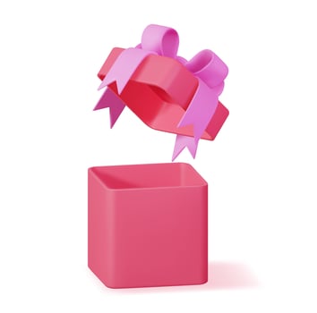 3D Open Gift Box Isolated. Render Colorful Wrapped Box. Christmas. New, Year, Sale, Shopping. Present Box with Bows and Ribbons. Giftbox for Valentine, Birthday and Holiday. Vector Illustration
