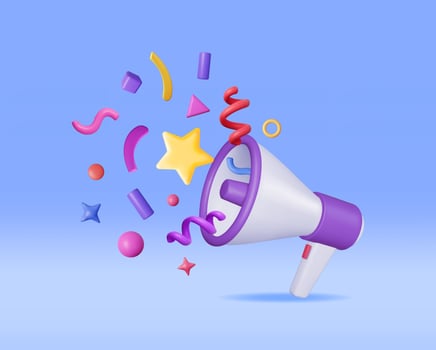 3D Megaphone with Colorful Confetti. Render Megaphone Realistic. Modern Bullhorn or Loudspeaker. Grand Opening or Sale Concept. Announcement Message, Birthday or Holiday Attention. Vector Illustration