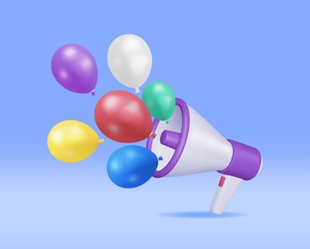 3D Megaphone with Colorful Balloons. Render Megaphone Realistic. Modern Bullhorn or Loudspeaker. Grand Opening or Sale Concept. Announcement Message, Birthday or Holiday Attention. Vector Illustration