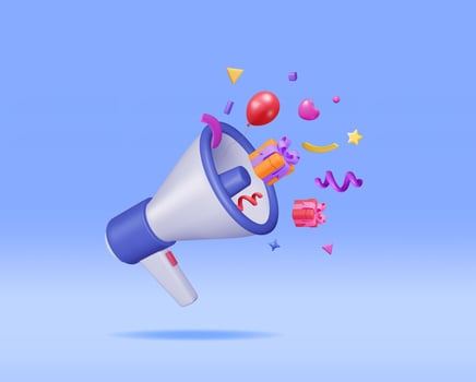 3D Megaphone with Colorful Confetti. Render Megaphone Realistic. Modern Bullhorn or Loudspeaker. Grand Opening or Sale Concept. Announcement Message, Birthday or Holiday Attention. Vector Illustration