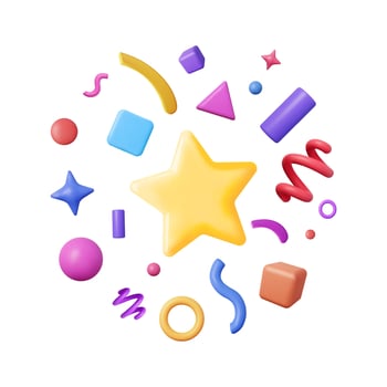3D Party Confetti Set Isolated on White. Render Plasticine Confetti Collection. Colorful Firecracker Elements in Various Shapes. Party, Holyday, Surprise or Birthday Events. Vector Illustration
