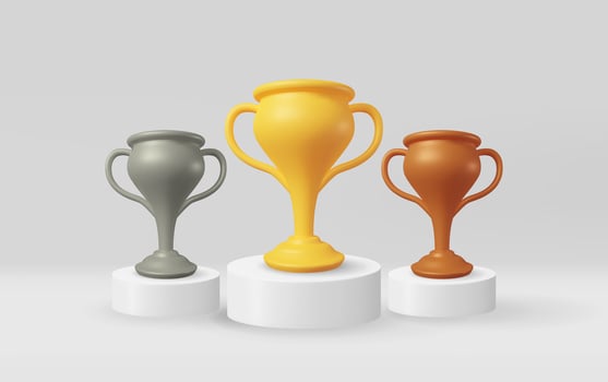 3D Gold, Silver and Bronze Champion Trophy. Render Cup Trophy Icon. Trophy for Competitions. Award, Victory, Goal, Champion Achievement, Prize, Sports Award, Success Concept. Vector Illustration